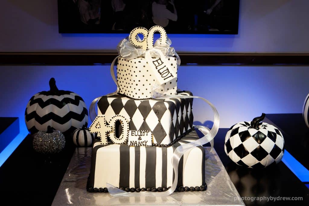 Black and white tiered celebration cake marking a 90th and 40th birthday