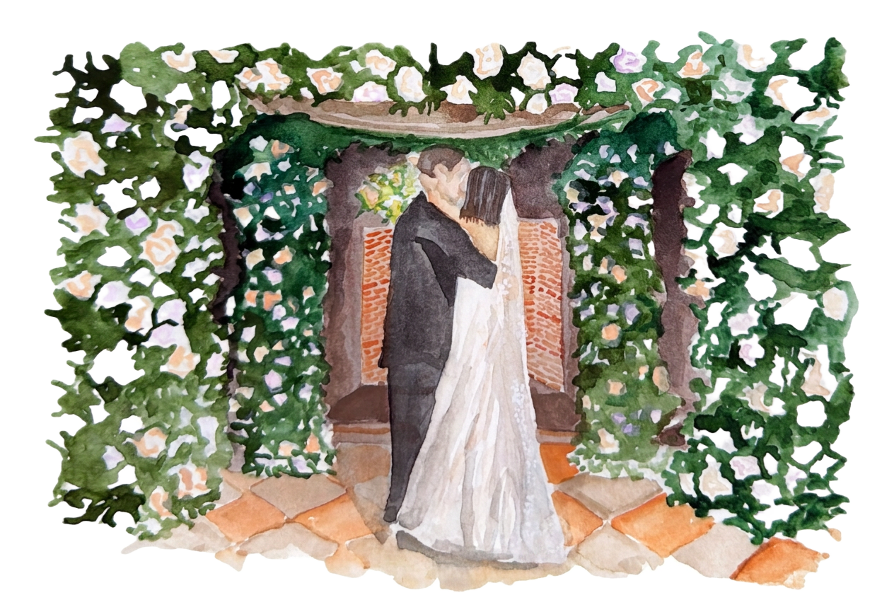 Watercolor of a bride and groom beneath a floral archway