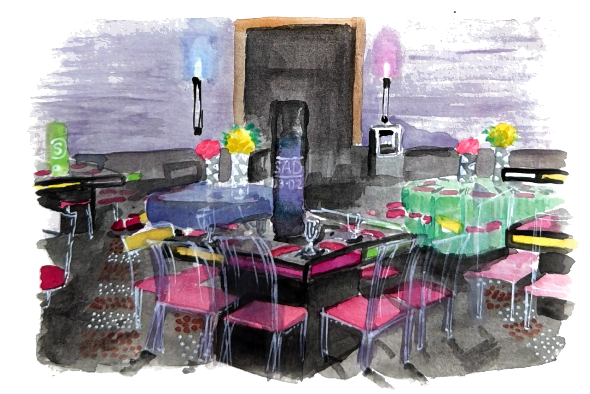 Watercolor of a mitzvah reception with candlelit tables and vibrant décor